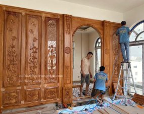 Vách ngăn phòng thờ hoạ tiết hoa sen