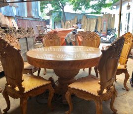 Bộ bàn ghế ăn gỗ gõ đỏ tròn mặt liền BA12