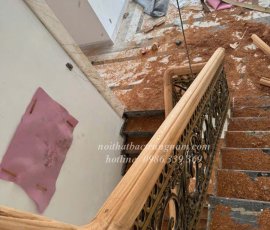 Thi công cầu thang gõ đỏ sắt nghệ thuật CT07