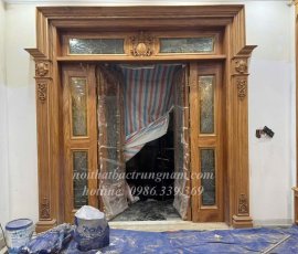 Bộ cửa mặt tiền 4 cánh gỗ gõ đỏ tân cổ điển CC37GD