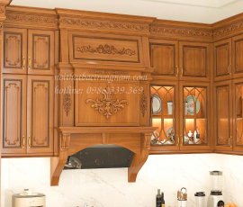 Mẫu tủ bếp gỗ gõ đỏ cao sát trần TB15GD