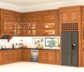 Mẫu tủ bếp gỗ gõ đỏ cao sát trần TB15GD