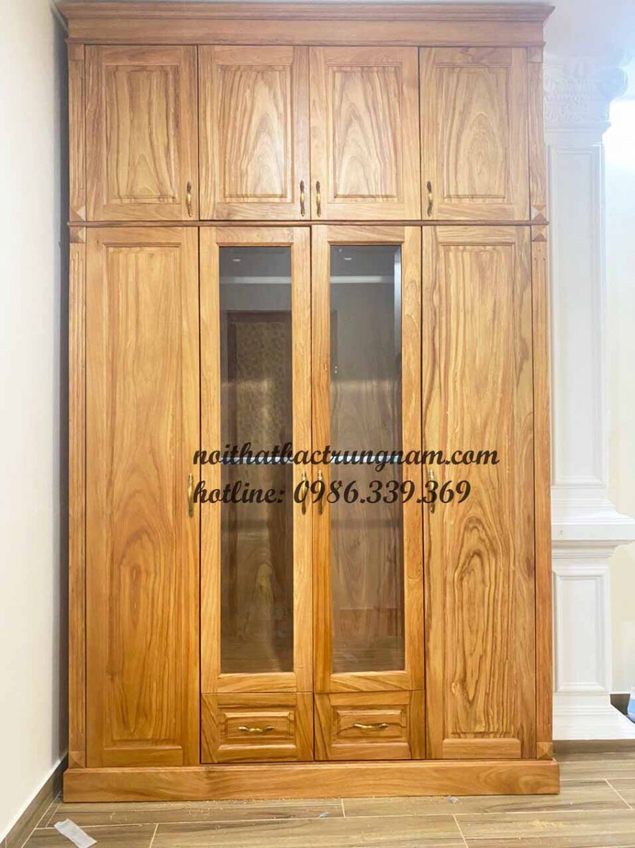mẫu tủ áo 4 cánh 3 buồng 2 tầng gỗ gõ đỏ cao cấp