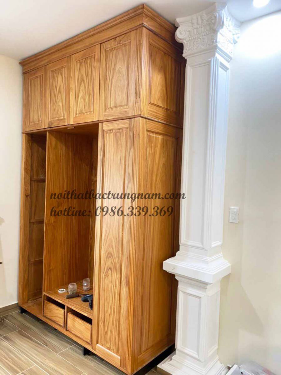 mẫu tủ áo 4 cánh 3 buồng 2 tầng gỗ gõ đỏ cao cấp