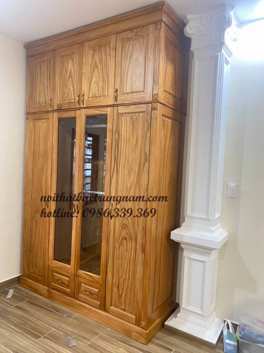 mẫu tủ áo 4 cánh 3 buồng 2 tầng gỗ gõ đỏ cao cấp