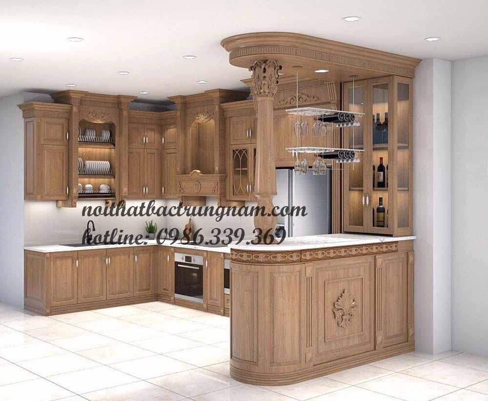 tủ bếp tân cổ điển gỗ gõ đỏ