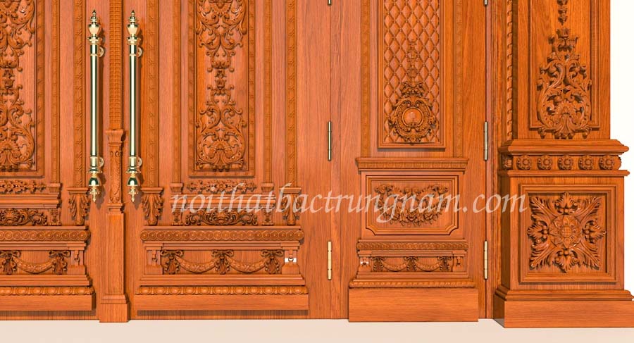 BỘ CỬA CHÍNH CỔ ĐIỂN 4 CÁNH GỖ GÕ ĐỎ CC30GD