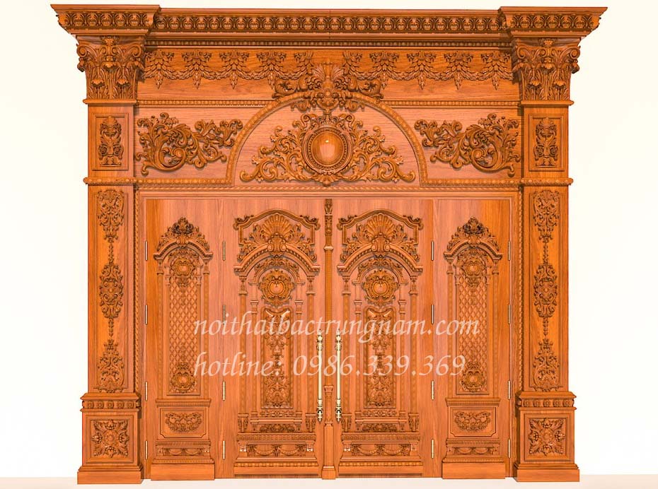BỘ CỬA CHÍNH CỔ ĐIỂN 4 CÁNH GỖ GÕ ĐỎ CC30GD