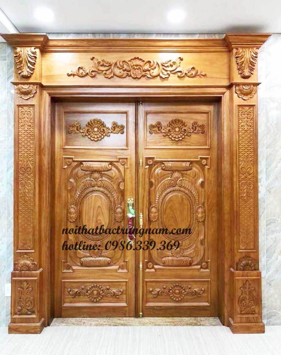 Mẫu cửa 2 cánh cổ điển cao cấp gỗ gõ đỏ nguyên khối
