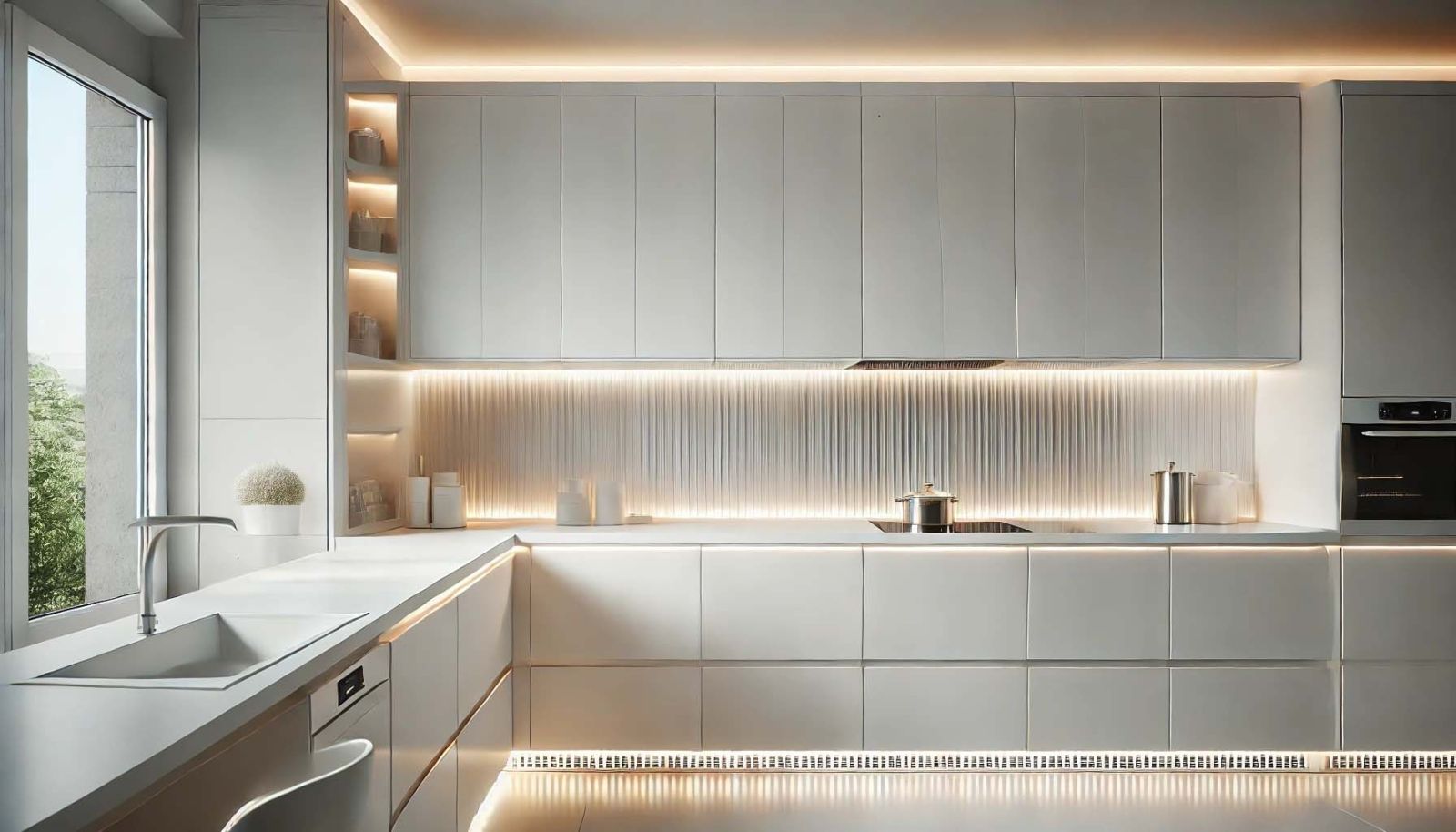 Tủ bếp sơn trắng với ánh sáng LED