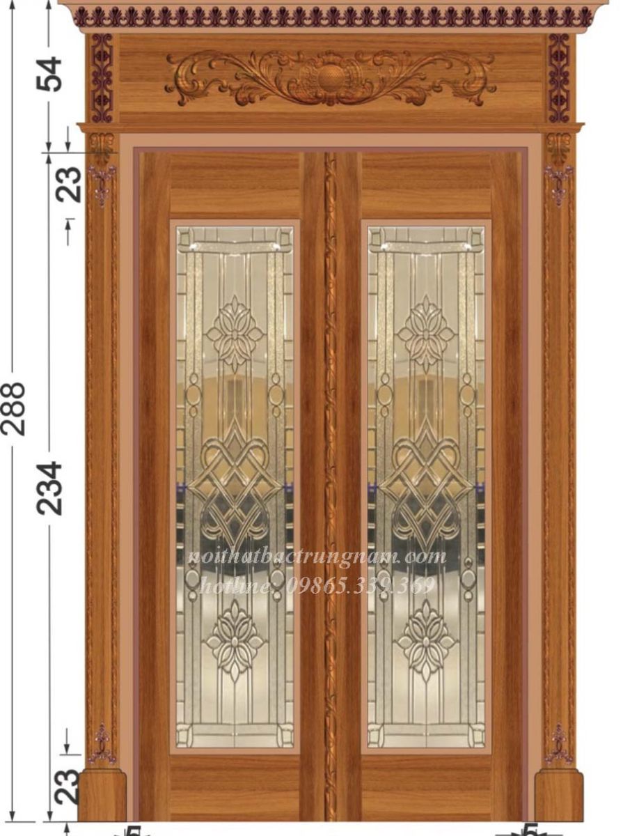 Mẫu cửa gỗ gõ đỏ kết hợp kính hộp nẹp đồng