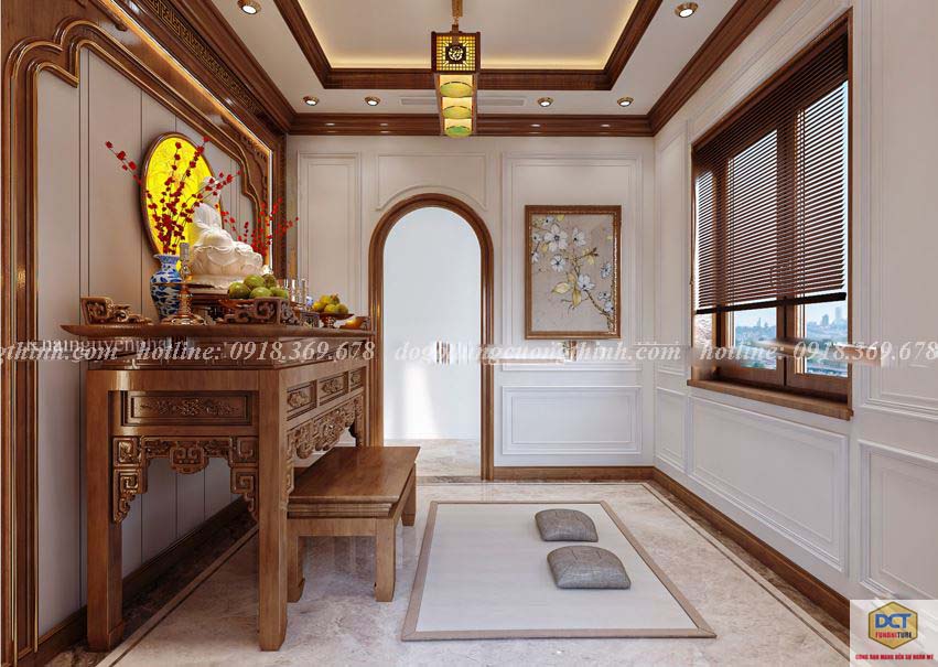 Phòng thờ tân cổ điển gỗ gõ đỏ gia đình chị Sáu Tiền Giang PT14GD