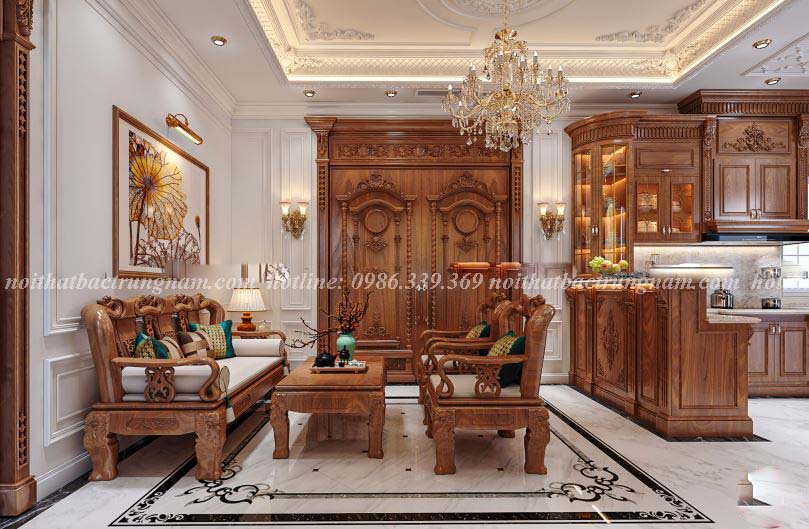 Phòng khách tân cổ điển gỗ gõ đỏ