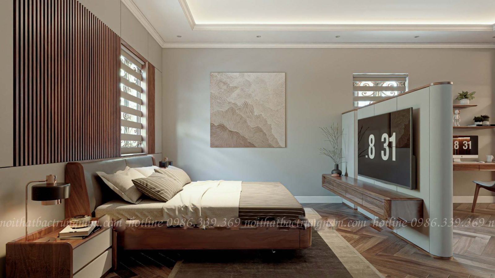Phòng ngủ master hiện đại gỗ óc chó