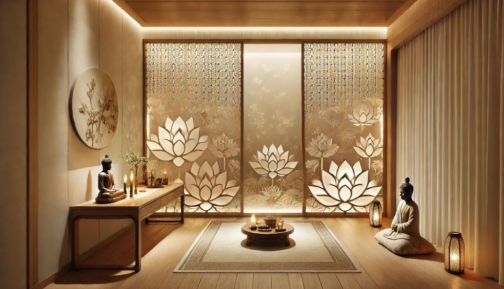 Hoạ tiết hoa sen trên vách ngăn phòng thờ