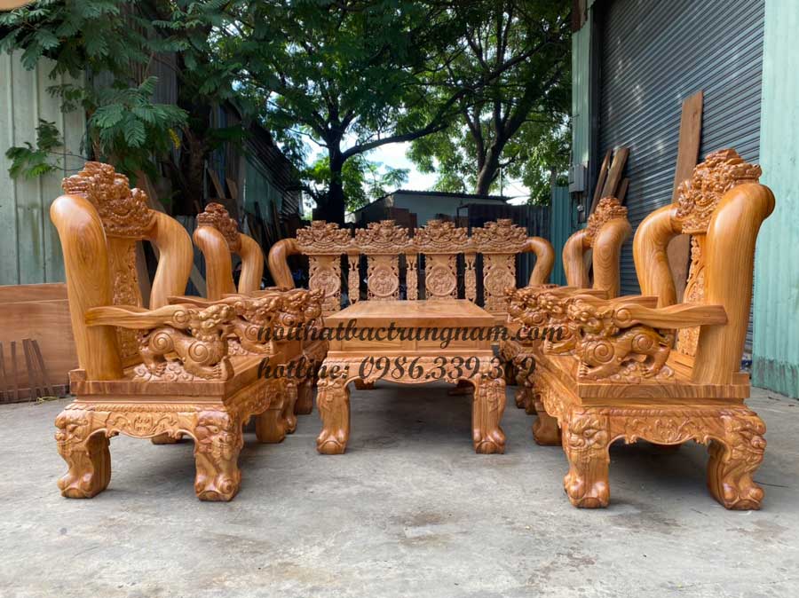 bộ salon gỗ gõ đỏ chạm nghê tay 16 PD08GD