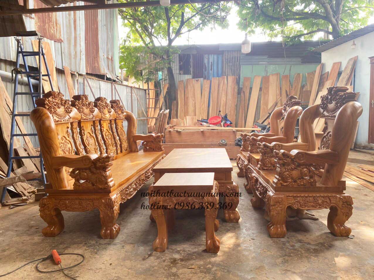 bộ salon gỗ gõ đỏ chạm nghê tay 16 PD07GD