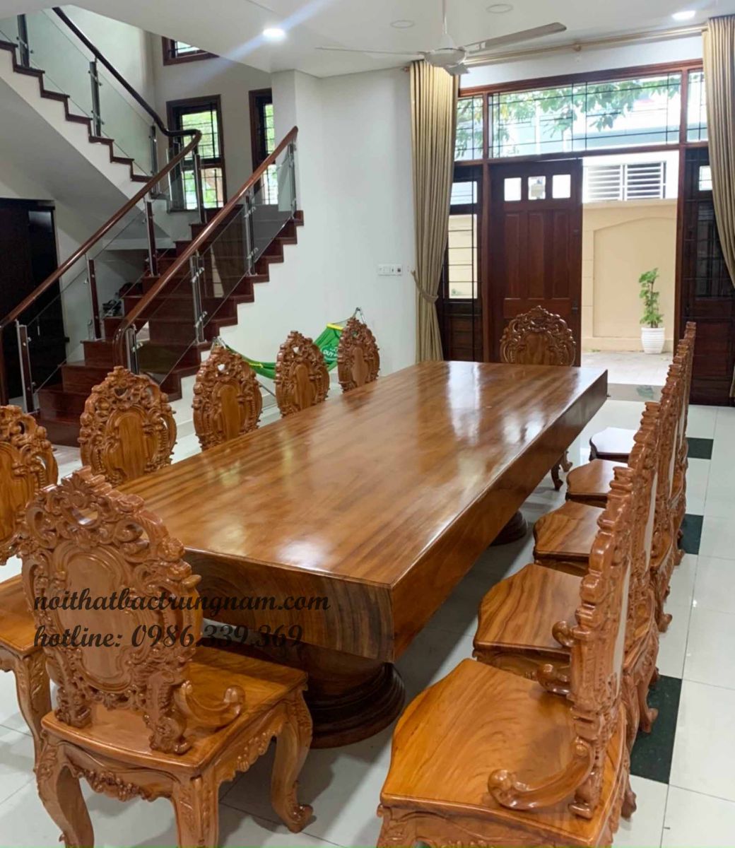bộ bàn ăn gỗ gõ đỏ nguyên tấm 12 ghế