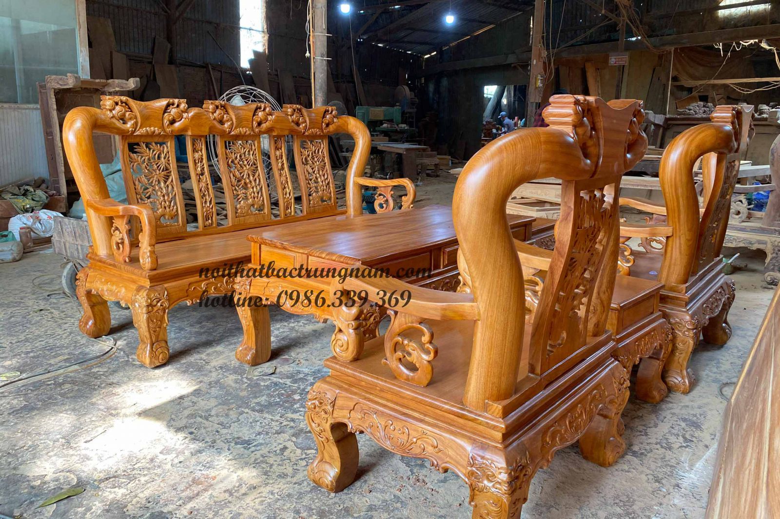 bộ salon gỗ gõ đỏ chạm đào tay 12 BG02GD