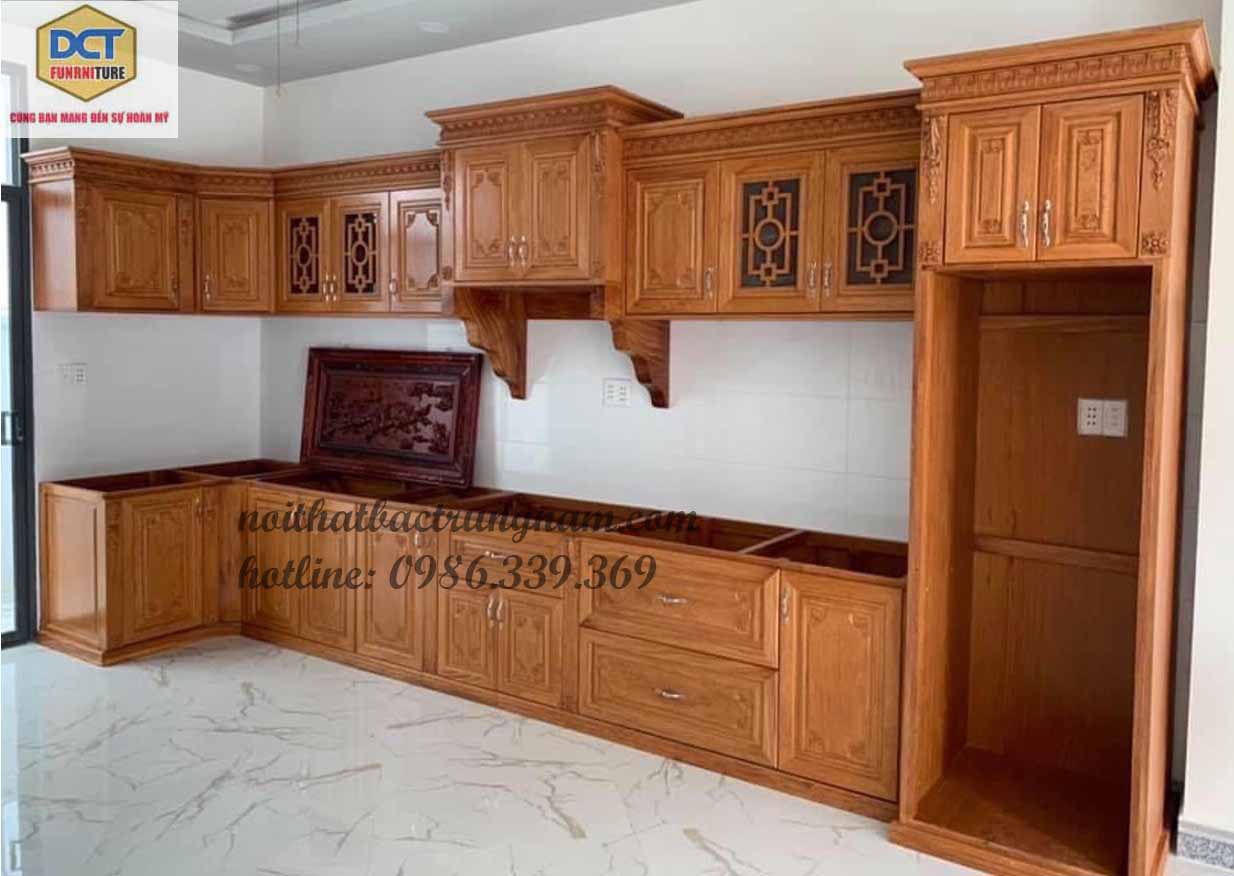 Tủ bếp góc L gỗ gõ đỏ