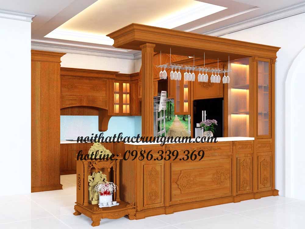 Mẫu tủ bếp gỗ gõ đỏ cao kịch trần