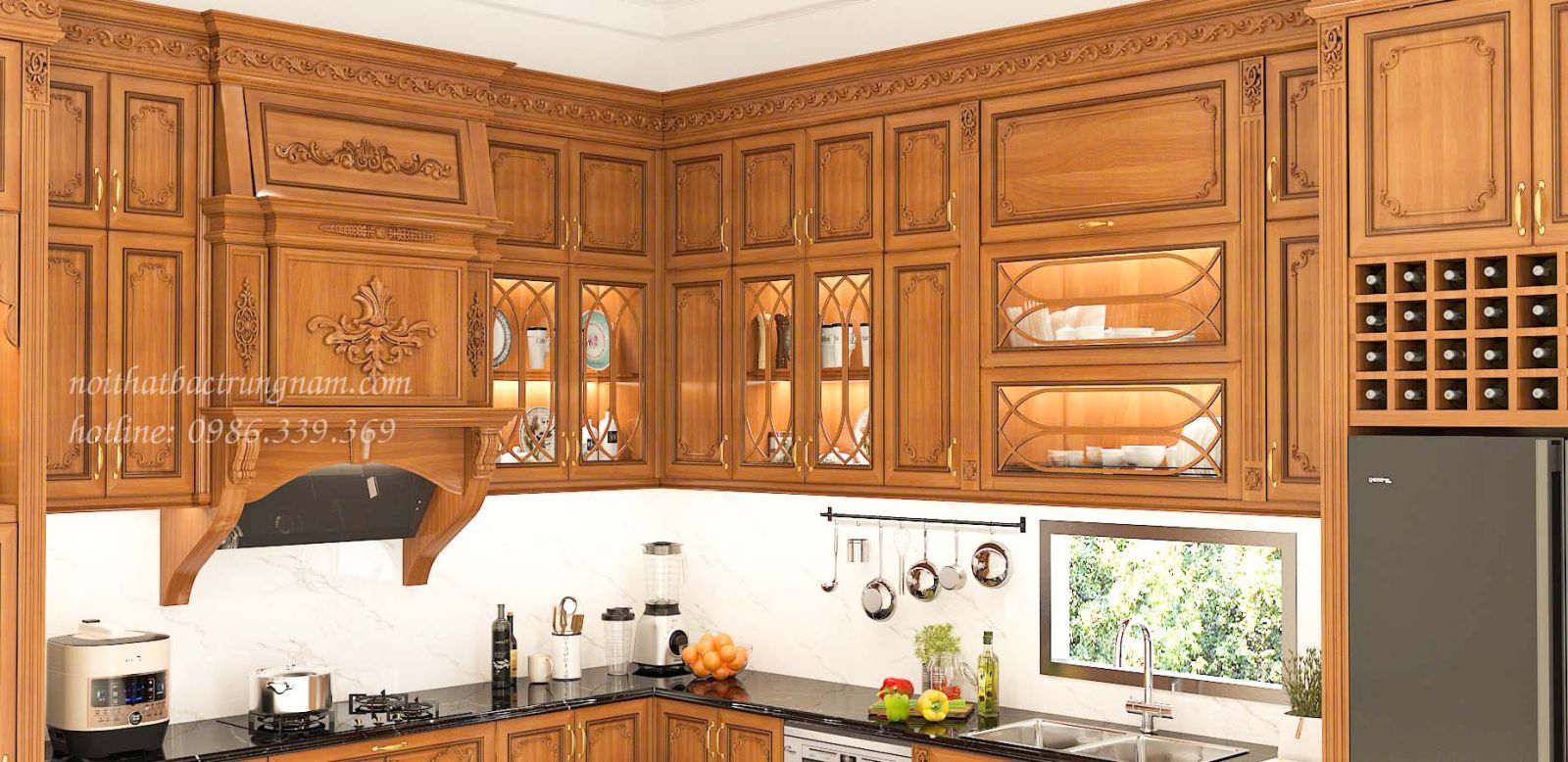 Mẫu tủ bếp gỗ gõ đỏ cao sát trần cao cấp TB15GD