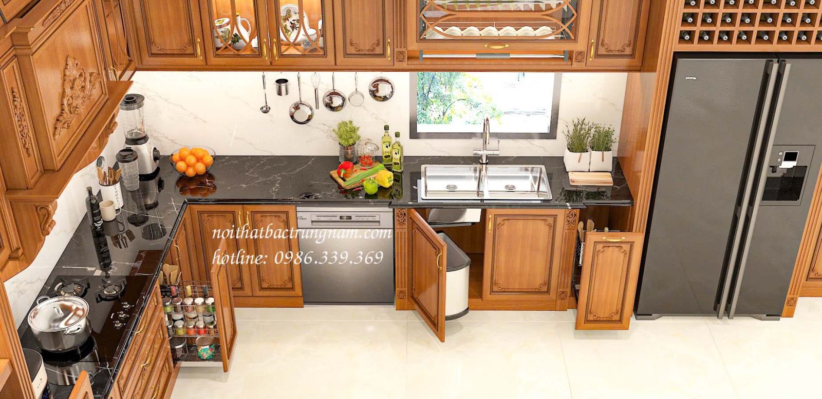 Mẫu tủ bếp gỗ gõ đỏ cao sát trần cao cấp TB15GD