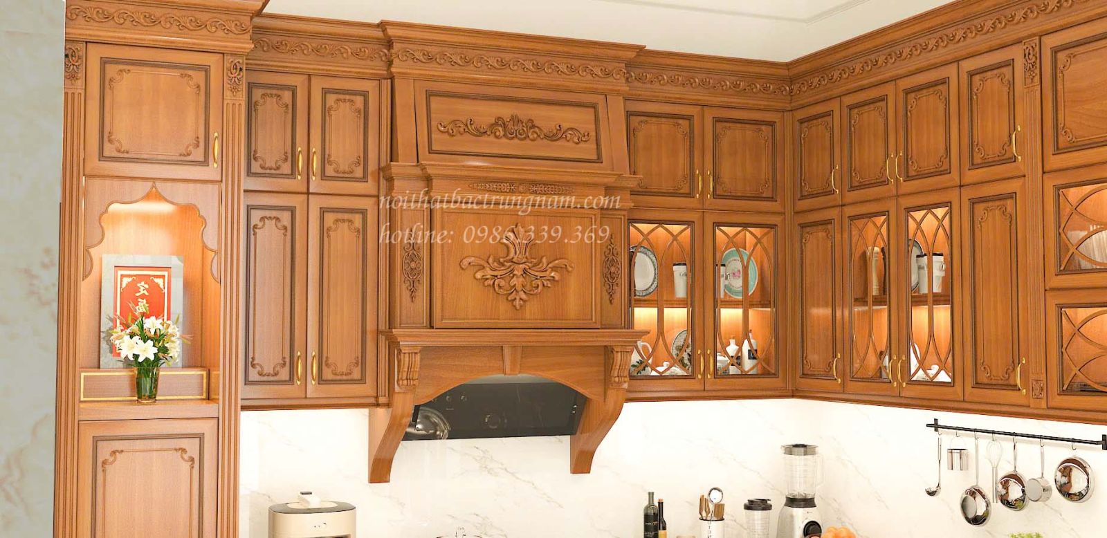 Mẫu tủ bếp gỗ gõ đỏ cao sát trần cao cấp TB15GD