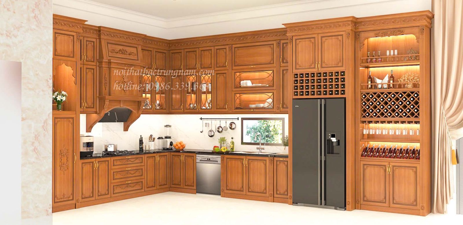 Mẫu tủ bếp gỗ gõ đỏ cao sát trần cao cấp TB15GD