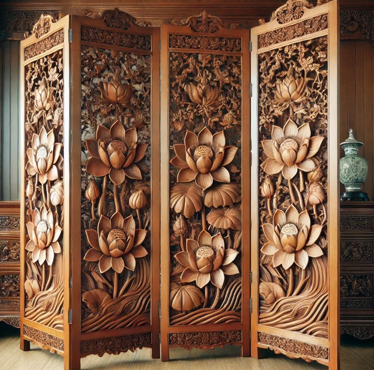 Vách ngan hoa sen chạm khắc cầu kỳ